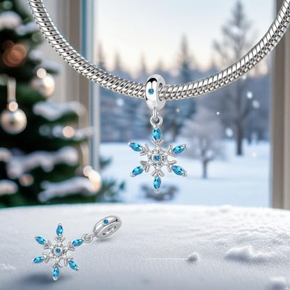 Snowflake Dangle Charm Birthstone Bead Compatible with Pandora Bracelet Women Christmas Gift - color: Light Bule