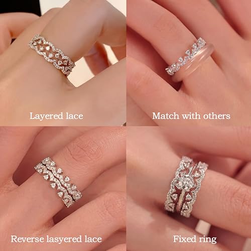 Valentines Rings for Women, Non Tarnish Chunky Wedding Ring Set, Adjustable Bohemian Statement Ring - style: Lace Full Diamond Size 6
