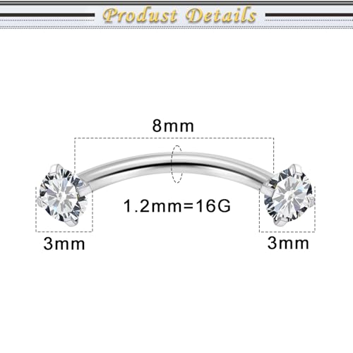 16G Eyebrow Piercing Jewelry Surgical Steel Cubic Zirconia Internally Threaded Vertical Labret Lip Jewelry Curved Barbell Tiny Eyebrow Rings Ear Rook Small Belly Button Ring for Women Men - color: silvertone,bar length:8mm