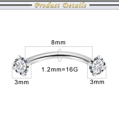 16G Eyebrow Piercing Jewelry Surgical Steel Cubic Zirconia Internally Threaded Vertical Labret Lip Jewelry Curved Barbell Tiny Eyebrow Rings Ear Rook Small Belly Button Ring for Women Men - color: silvertone,bar length:8mm