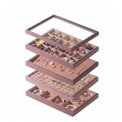 Wood Jewelry Organizer Tray, 5-Piece Set (Brown, 5Pc) | 5 Piece Jewelry Organizer Set, Large Capacity Storage, Glass Top Ring Necklace Display, Versatile Tray - size: Rings+Necklace+12Grids+24Grids+Lid