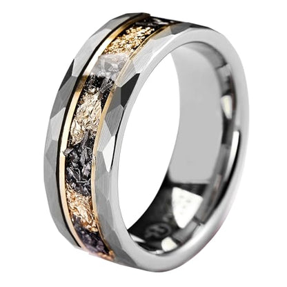 Mens Tungsten Carbide Wedding Bands 8mm Black Hammered Edge Gold Foil Inly Durable Scratch Proof Stainless Steel Cool Promise Ring for Him Comfort Fit - color: Silver-8mm