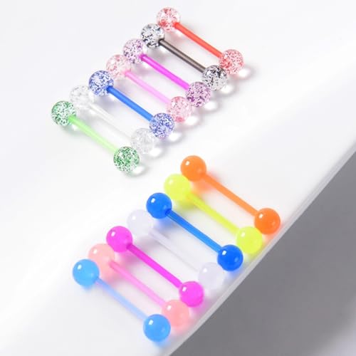 48Pcs 14G Glow in Dark Flexible Acrylic Straight Tongue Barbell Nipple Ring Retainer Piercing Jewelry for Women Men 16mm Bar