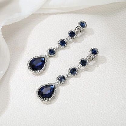 EleQueen Women's Wedding Crystal Teardrop Pear Shape 3 Inch Clip on Long Dangle Earrings for Bride Bridesmaid, Jewelry for Party Prom/Anniversary - color: Navy Blue Silver-Tone