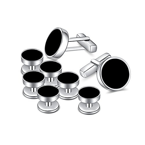 Mens Onyx Cufflinks and Studs Set Silver Black Cufflinks for Men Tuxedo Shirts Business Wedding Gift