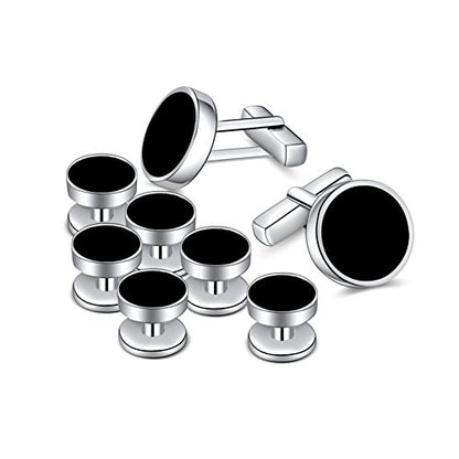 Mens Onyx Cufflinks and Studs Set Silver Black Cufflinks for Men Tuxedo Shirts Business Wedding Gift