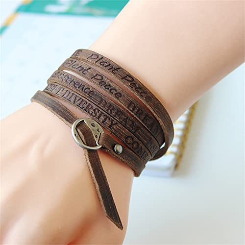 Handmade Genuine Leather 0.6cm Width 5 Wrap Bracelet for Women Alphabets Stamped Inspirational Words Multilayer Leather Bracelet Jewelry Gift For Men Women - color: Brown