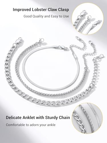 PROSTEEL Trendy Handcuffs Design/Customize Words Ankle Bracelet For Women, 316L Stainless Steel Anklets Silver/Gold/Black Tone, Hypoallergenic, Come with Box - style: 04.3 Layered-Cuban-Silver