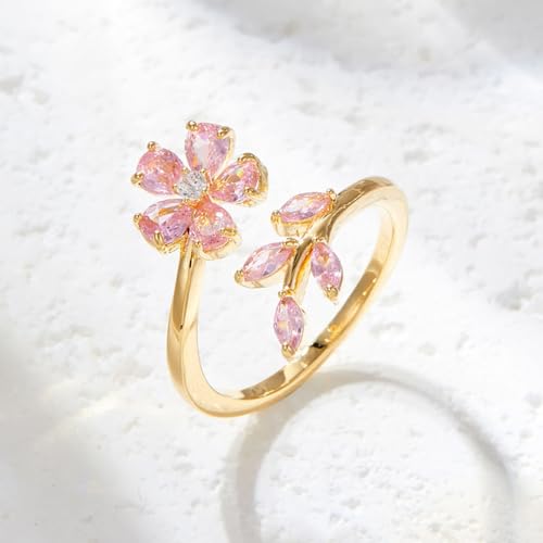 Kokoma Delicate Flower Leaf Wrap Finger Ring for Women Pink Cubic Zirconia Crystal Floral Statement Ring Promise Engagement Rings Adjustable Open Band - color: Pink