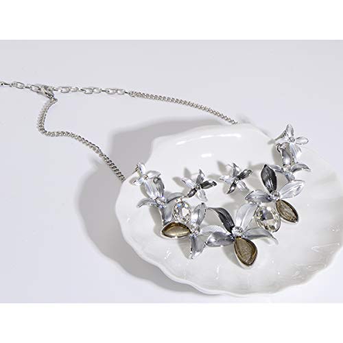 AMYJANE Vintage Statement Jewelry Set - Spring Leaf Flower Floral Plant Necklace Earring Set Crystal Rhinestone Fashion Costume Jewelry for Women Prom Party Unique Gift - style: Flower Jewelry Set Grey