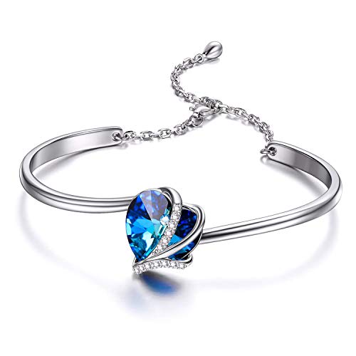 AOBOCO I Love You Jewelry - Sterling Silver Blue Purple Love Heart Bangle Bracelet Embellished with Crystals from Austria, Fine Anniversary Birthday Jewelry Gifts for Women - style: 02 Blue Bracelet