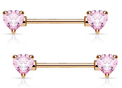 Forbidden Body Jewelry Pair of Surgical Steel 1/2-5/8 Inch (12-16mm) Cubic Zirconia Crystal Double Heart Nipple Barbells - style: Pink (Rose Gold Tone)