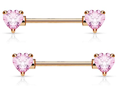 Forbidden Body Jewelry Pair of Surgical Steel 1/2-5/8 Inch (12-16mm) Cubic Zirconia Crystal Double Heart Nipple Barbells - style: Pink (Rose Gold Tone)