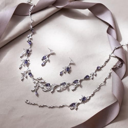 Cubic Zirconia Leaf Vine Wedding Jewelry Set for Bride Women Bridesmaid | Pear-Shaped Birthstone, Necklace Dangle Earrings for Bridesmaid, Silver-Plated-Brass - color: 3pcs_Purple