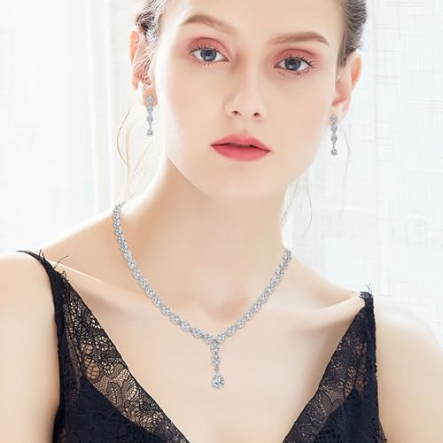 Jewelry Set for Women, Necklace Dangle Earrings Bracelet Set with White AAA Cubic Zirconia, Allergy Free Wedding Party Jewelry for Bridal Bridesmaid - color: Necklace+Earrings+Bracelet-Teardrop