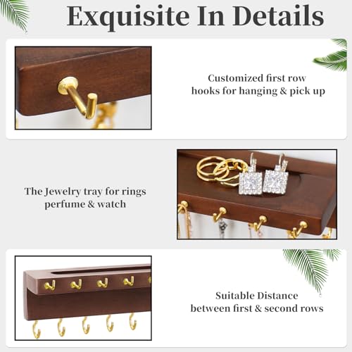 YYILIS Necklace Holder, Upgraded Extra Large Wall Necklace Organizer with 30 Hooks Wall Mounted Necklace Hanger with Jewelry Tray/Cosmetics Shelf Rustic Pine Wood Holder (Walnut) | 30 Hooks Wall Mounted Necklace Hanger with Jewelry Tray/Cosmetics Shelf Ru
