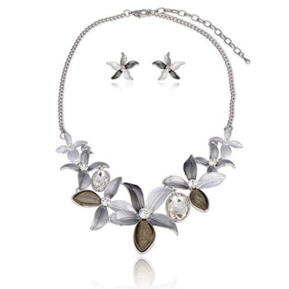 AMYJANE Vintage Statement Jewelry Set - Spring Leaf Flower Floral Plant Necklace Earring Set Crystal Rhinestone Fashion Costume Jewelry for Women Prom Party Unique Gift - style: Flower Jewelry Set Grey
