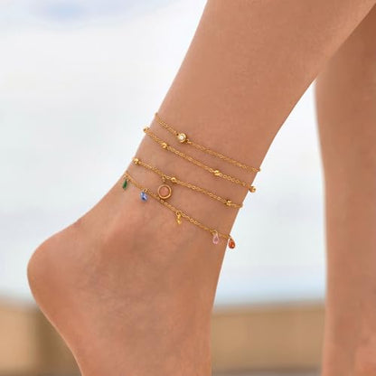 LOFITOR Anklets for Women Ankle Bracelet Charm Link Chain Set Foot | Waterproof Dainty Cz Evil Eye Beaded Anklets Adjustable Beach Foot Jewelry Feet Chains, Summer Beach Foot Jewelry Gifts - style: Color CZ Silver