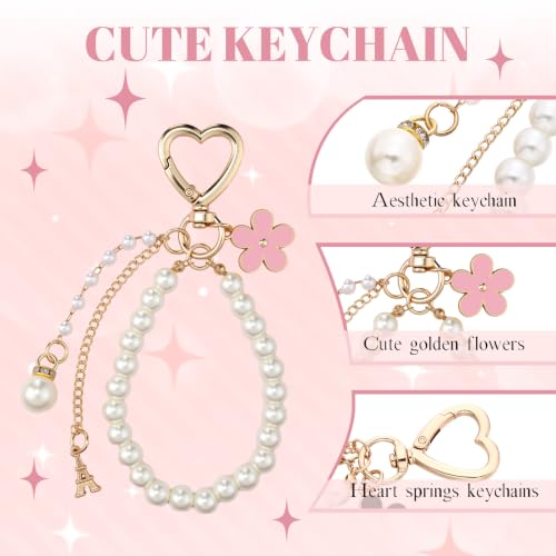 Sureio 5 Pcs Bag Extender Chain Pearl Purse Chain Ribbon Bow Keychain Extender Bag Strap Purse Charms Accessories for Handbag - color: Pink and White