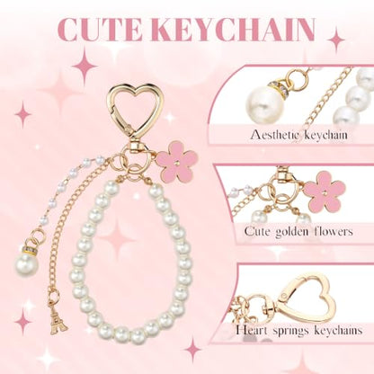 Sureio 5 Pcs Bag Extender Chain Pearl Purse Chain Ribbon Bow Keychain Extender Bag Strap Purse Charms Accessories for Handbag - color: Pink and White
