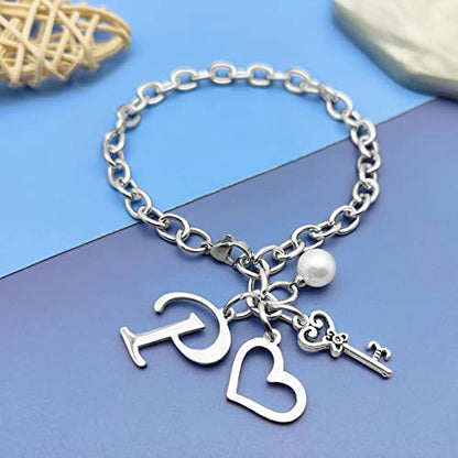 Initial A-Z Bracelets Gift for Women Girls Stainless Steel Chain Bracelet 26 Alphabet Jewelry Gifts for Birthday Anniversary Letter Bracelet Monogram Gifts for Sister Friend Girlfriends Mom 8.26 Inch - color: P