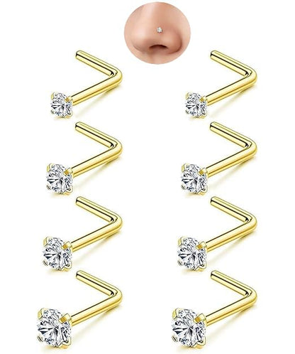 8Pcs 20G Gold/Silver 316L Surgical Stainless Steel L Shaped Corkscrew Nose Studs earrings, Hypoallergenic Nickel Free Tiny Clear Cubic Zirconia Nose Piercing Jewelry 2mm‑4mm,cartilage piercings, Minimalist Dainty Body Piercing Accessories for Sensitive Sk