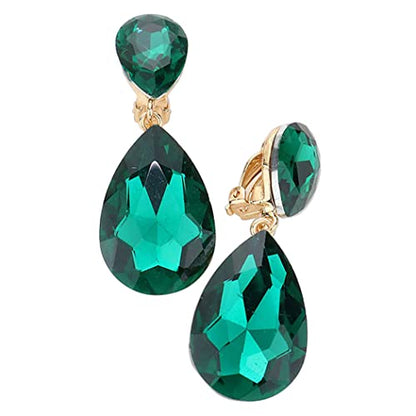 Rosemarie & Jubalee Women's Double Teardrop Statement Glass Crystal Rhinestone Dangle Clip On Bridal Earrings, 2" - color: Emerald Green Crystal Gold Tone