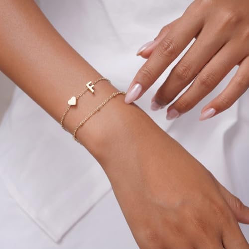 Gold Initial Bracelets for Women Trendy, Dainty Layered 14K Gold Plated Heart Letter Charm Bracelets, letter beads for name bracelets Jewelry Gifts - color: Gold-F