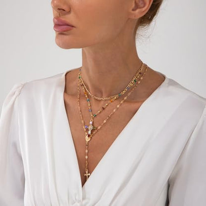 GIGB PBDK Gold Cross Layered Necklaces for Women,Long Colorful Crystal Drop Necklace Unique Big Crucifix Necklace Set,Aesthetic Religious Jewelry Accessories - color: Gold1