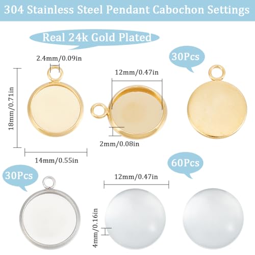 SUNNYCLUE 1 Box 120Pcs Blank Dome Pendant Making Kit Cabochon Settings Bezel Pendant Blanks Memorial Photo Charm Transparent Glass Cabochons with Round Pendant Trays for Jewelry Making DIY Findings - color: Round Mixed Color Stainless Steel Cabochon Setti