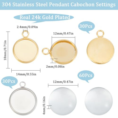 SUNNYCLUE 1 Box 120Pcs Blank Dome Pendant Making Kit Cabochon Settings Bezel Pendant Blanks Memorial Photo Charm Transparent Glass Cabochons with Round Pendant Trays for Jewelry Making DIY Findings - color: Round Mixed Color Stainless Steel Cabochon Setti