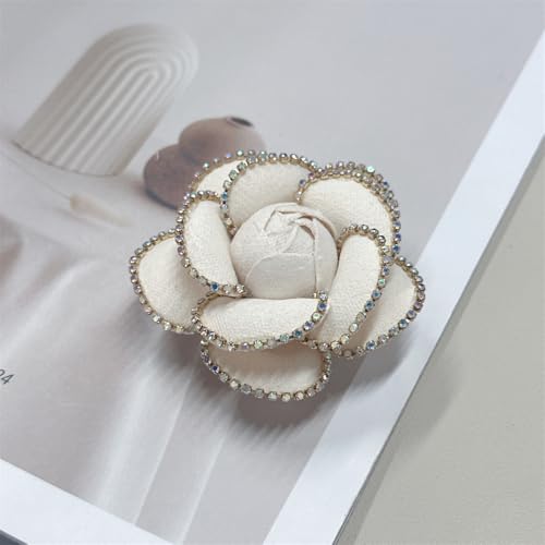 Dainty Crystal Camellia Flower Brooch Pin for Women Rhinestone Fabric 3D Floral Blossom Brooches Lapel Hair Pins Elegant Wedding Anniversary Dress Accessories Jewelry Gift 6.5cm/2.5in - color: Beige