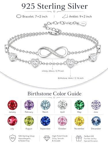 Prismata Infinity Birthstone Charm Link Bracelet/Anklet 925 Sterling Silver Adjustable 12 Months Birthstone Infinity Bracelet/Anklet Birthday Jewelry Gifts for Women Her - color: 04-April, size: 9‘+2’ Anklet