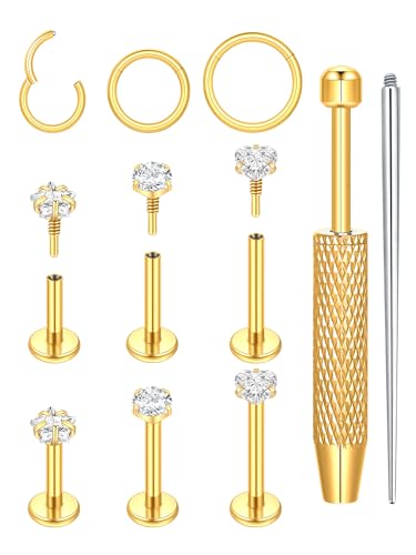 Oveta 16G 18G Flat Back Studs Earrings for Tragus Cartilage Piercing Jewelry, Surgical Steel Nose Rings Hoops 6/8/10mm, Silver/Gold - color: Gold, size: 16g*6/8/10mm bar