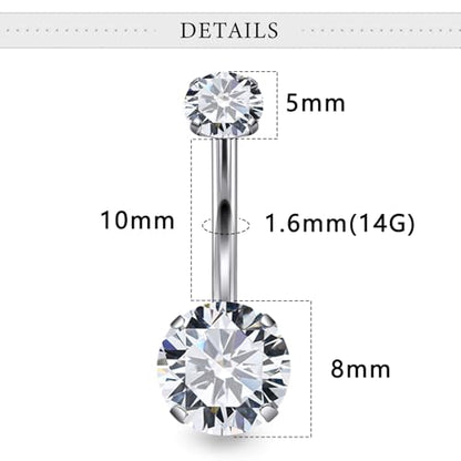 Belly Button Rings Surgical Steel Internally Threaded Belly Button Ring 10MM/12MM/14MM/16MM Navel Rings for Women Clear CZ 14G Long Bar Navel Piercing Jewelry - color: silvertone, size: 10mm bar length