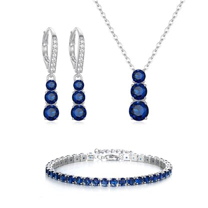 Crysdue Cubic Zirconia Jewelry Set for Women Bridesmaid, Classic Round Cut Drop Lightweight Lever Back Earrings Pendant Necklace Tennis Bracelet for Wedding Prom Party - style: 3pcs Sapphire, Silver