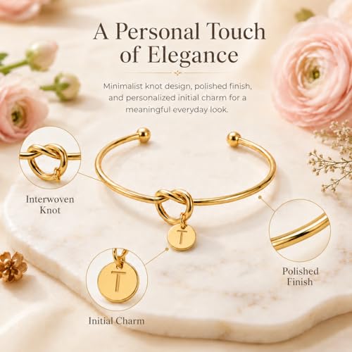 LemonRose Initial Bracelets for Women - Dainty Tie the Knot Letter A-Z 14K Gold Plated for Women Gold Cuff Bracelet for Womens Jewelry Personalized Bridesmaid Proposal Gifts - color: Gold T