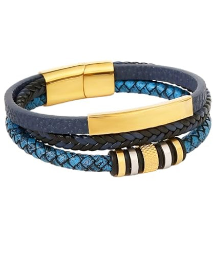 Italian Handmade Leather Bracelets for Men - color: Braided Gold Blue, size: 8.2"