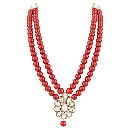 Aheli Wedding Faux Kundan Pendant Beaded Necklace Earrings Set Bollywood Indian Bharatanatyam jewellery set Gift for Women - color: Maroon