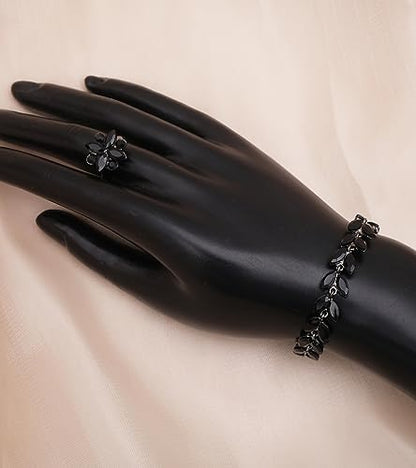CSY Elegant Bridal Jewelry Sets Wedding Prom Homecoming Gown Accessories | Austrian Marquise Crystal Wedding Necklace Dangle Earrings Tennis Bracelet Ring Set for Bride Women Costume Accessories - color: black