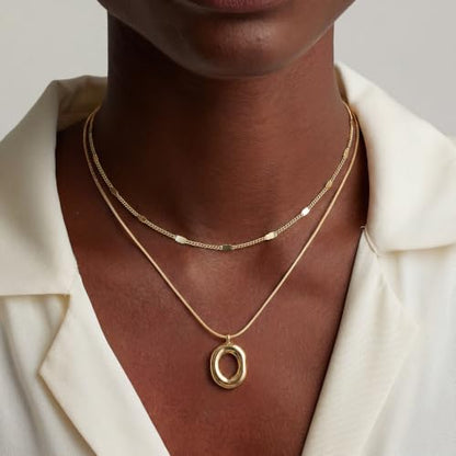 14K Gold/Silver Plated Dainty Snake Chain Layered Necklace for Women | Irregular Oval Pendant Minimalist Dainty Statement Gold Layering Everyday Jewelry - color: Gold - Satin