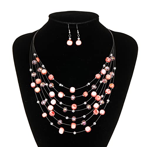 Multi-Layer Boho Shell Beaded Necklace for Women Colorful Crystal Strand with Silver Beads Statement Collars Necklace and Earrings Costumes Jewelry Sets for Women - color: Pink