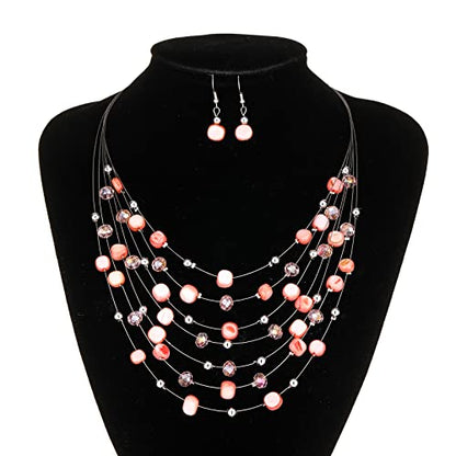 Multi-Layer Boho Shell Beaded Necklace for Women Colorful Crystal Strand with Silver Beads Statement Collars Necklace and Earrings Costumes Jewelry Sets for Women - color: Pink