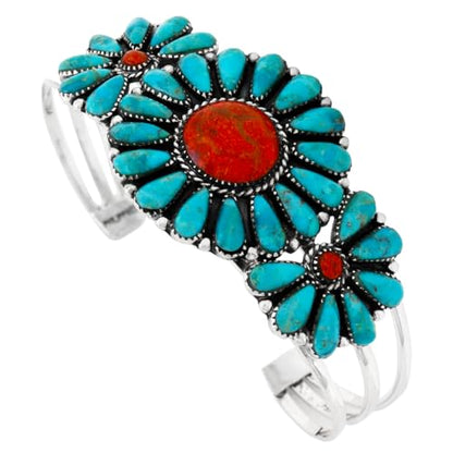 Southwest Style Genuine Gemstones 925 Sterling Silver Cluster Bracelet - color: Turquoise & Coral