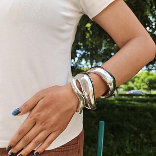 Big Chunky Gold Bracelets Set for Women 3Pcs Cuff Wide Bracelet Trendy High Shine Bracelets Minimalist Open Wide Cuff Bracelets Gold Bangle Bracelet Jewelry for Women - style: A-Silver