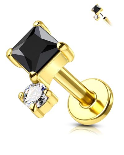 COCHARM 16G Threadless Labret Stud Earrings Flat Back Helix, Tragus, Cartilage,Conch Piercing Jewelry Square CZ Push Pin Lobe Stud 6mm 8mm 316L Steel Silver, Gold - color: Black, size: 1.2x6mm