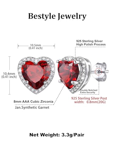 Bestyle Authentic 925 Sterling Silver 2 Carat Birthstone Earrings for Women, More Sparkle Heart/Round Solitaire Diamond Studs Earrings, Great Birthday/Christmas/Anniversary Jewelry for Wife Mother - color: 01. Jan. Garnet-Heart