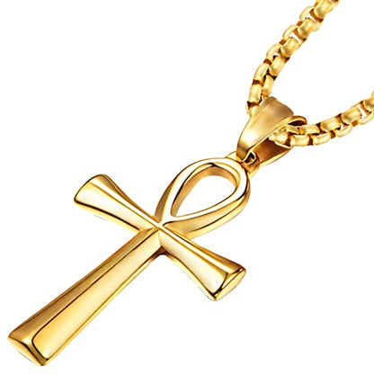 JUNOVUROS 18 to 28 Inches Rolo Chain Ancient Ankh Cross Pendant Necklace for Men Women Boys Girls 316L Stainless Steel with Large And Medium Sizes - color: A-Gold/Size: 1.77 '' * 0.98 ", style: 26 Inches