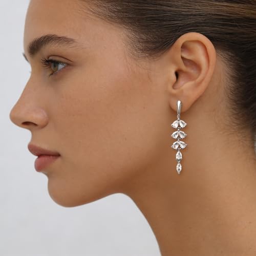 Sonateomber Gold Silver Pearl Rhinestone Dangle Earrings for Women, Elegant CZ Leaf Butterfly Bridal Earings Prom Wedding Fashion Jewelry Gift - color: Cubic Zirconia Silver