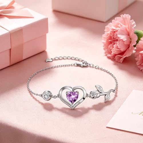 1CT Rose Heart Birthstone Bracelet for Women Love Gift - style: 06-Jun Light Purple Silver